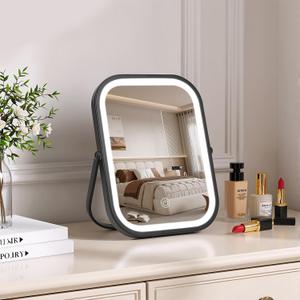 Rechargeable Travel Makeup Mirror, 8"6" Small Vanity Mirror with Lights, 1500mAH Battery, 3-Color Lighting, Dimmable, 360 Rotation, Portable Desk Mirror with Storage Pouch, Travel Essentials (Black)