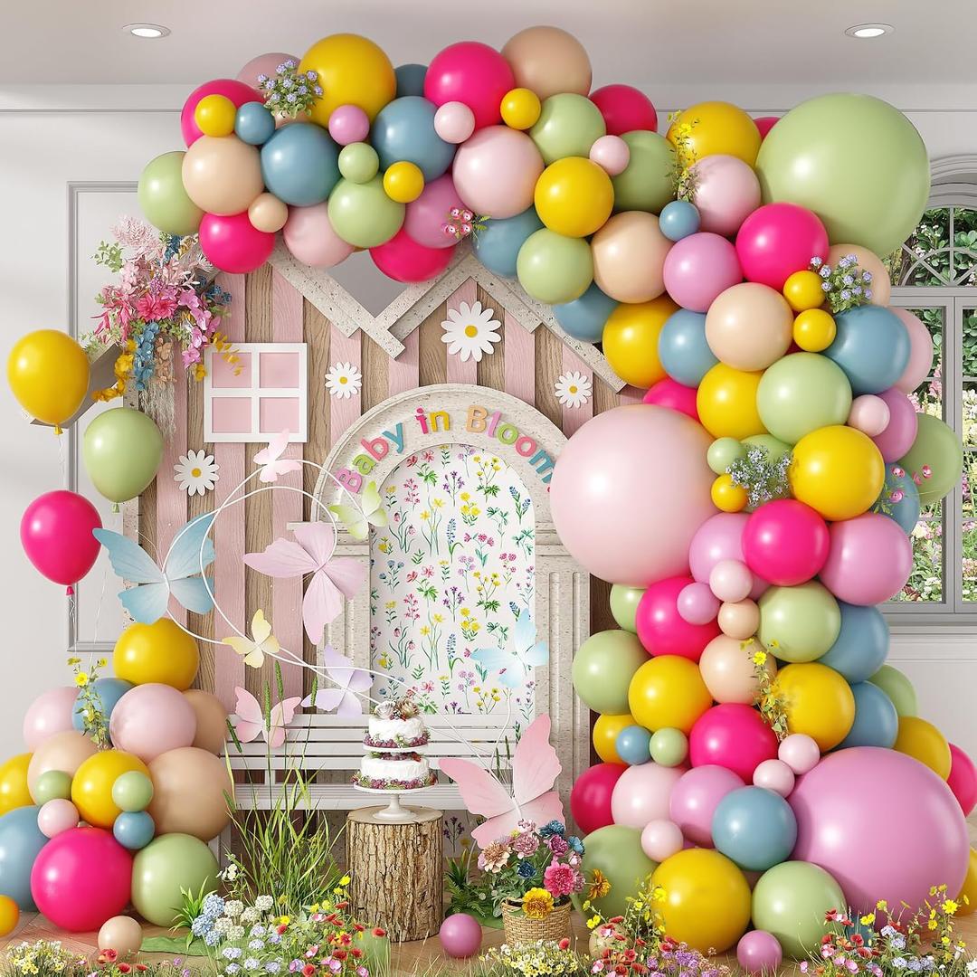 Spring Balloons Garland Arch Kit, 122 Pcs Flower Wildflower Party Balloons | Hot Pink Green Yellow Purple Blue Beige Balloons For Boho Modern Shower Baby In Bloom Birthday Spring Garden Party Decoration