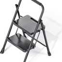 KINGRACK Folding 2 Step Ladder, Portable Ladder for Multi-Purpose, Home, Kitchen, Heavy Sturdy Steel Step Stool with Anti-Slip Wide Pedals, Handrail, Safe-Lock Design, Pass 500lbs Load Testing, Black