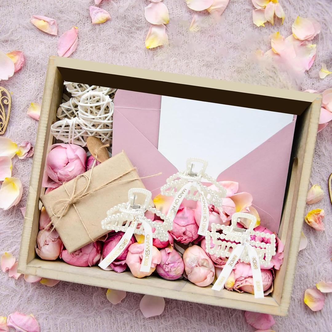 Hotop 7 Pcs Bridesmaid Pearl Hair Clips 3.15 Inch Bridal Hair Claw Clips with Ribbon Bridesmaid Proposal Gifts for Women Girls Accessories Styling Wedding Bridal Party Present