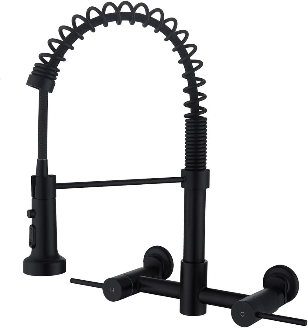 Wall Mount Kitchen Faucet Matte Black, 8 Inch Center Wall Mount Kitchen Sink Faucet with Pull Down Sprayer, Commercial, Black