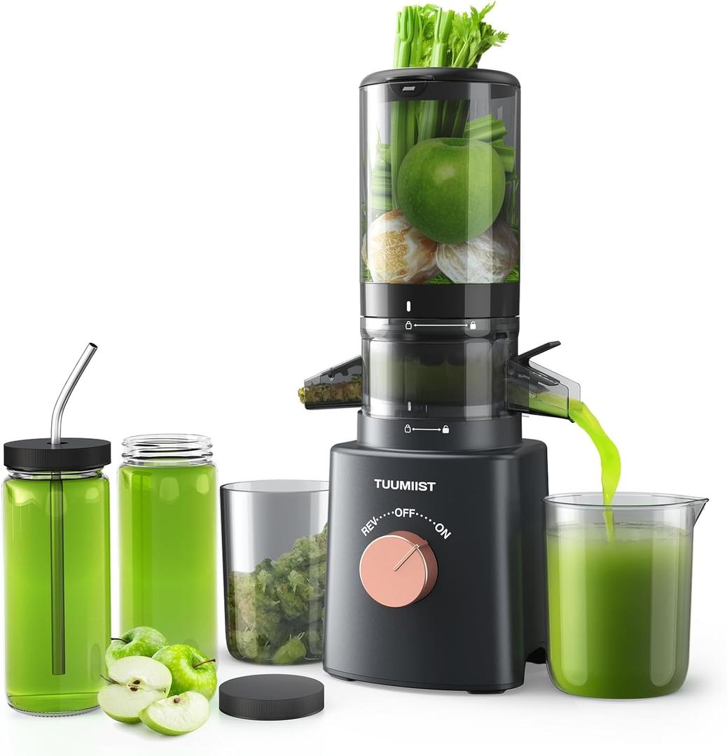 Cold Press Juicer with 8 Juice Bottles - Masticating Juicer Machines for Fruits and Veggies, 4.25" Large Feed Chute, Easy to Clean, Gun Grey (Gun Grey)
