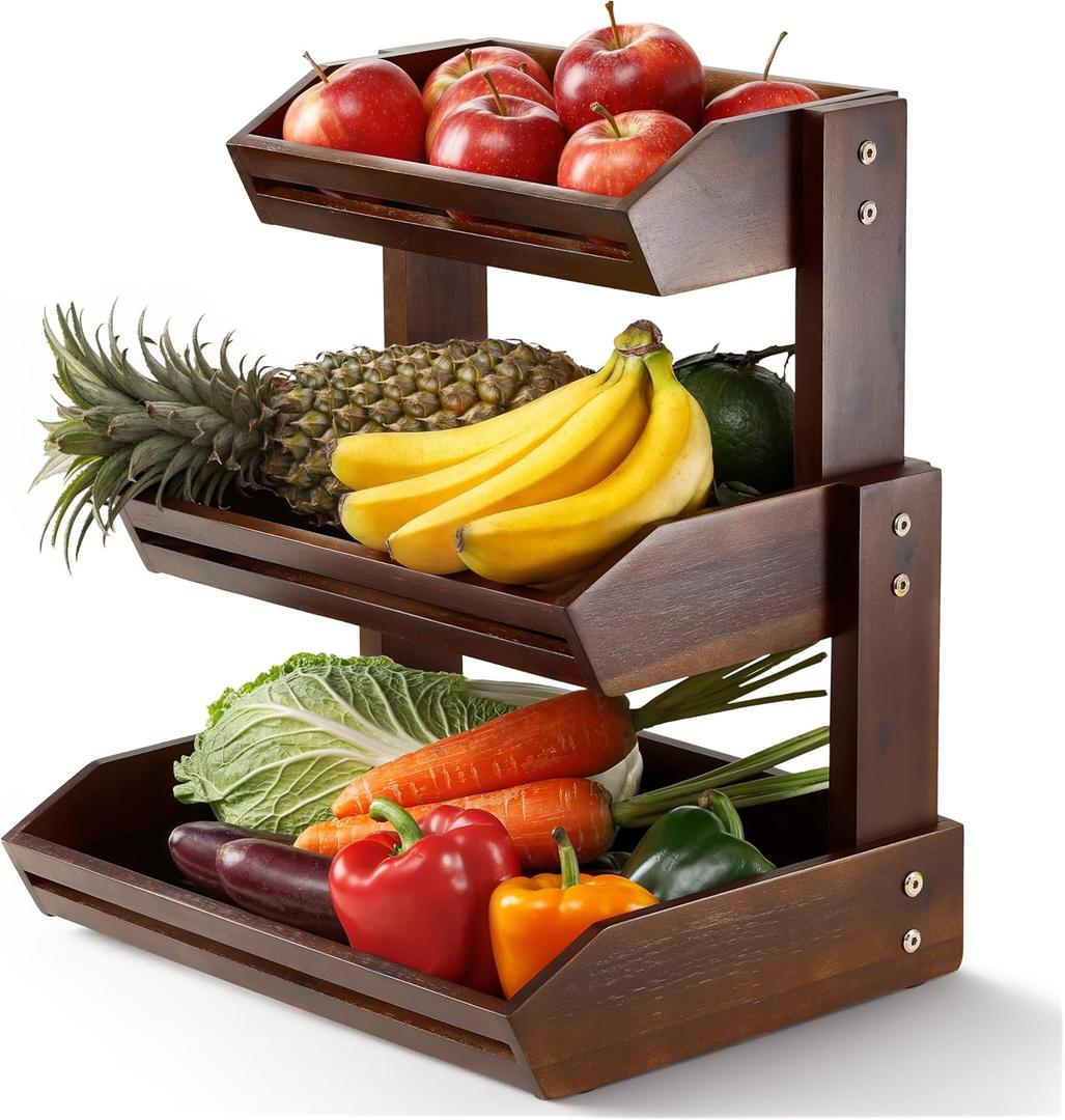 HOLANA Acacia 3 Tier Fruit Basket for Counter  Wooden Fruit Bowl for Kitchen Counter Organizer, Vegetable & Produce Storage, Wooden Basket & Snack Organizer for Countertop Storage (Walnut)