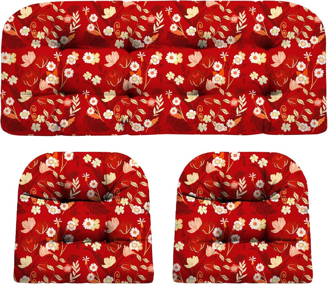 Wicker Chair Cushions, Waterproof Outdoor Loveseat Cushions for Patio Furniture, Tufted Wicker Furniture Cushions, 1 Loveseat and 2 U-Shaped Cushions (Black Floral)