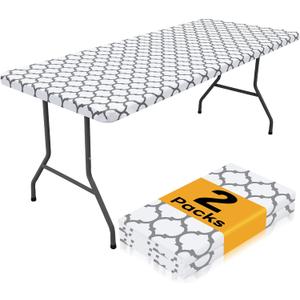 Smiry 2 Pack Rectangle Table Cloth 4 Foot, Waterproof Elastic Fitted Tablecloths, Windproof Washable Polyester Table Cover for Picnic, Camping, Outdoor (White, 30"x48")