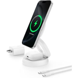 Belkin MagSafe Charger Compatible, 2-in-1 Qi2 Wireless Charging Station 15W, Convertible Charger for iPhone 17, Apple Watch, AirPods, Pixel 10, Portable Phone Stand for Travel w/ 30W Adapter - White
