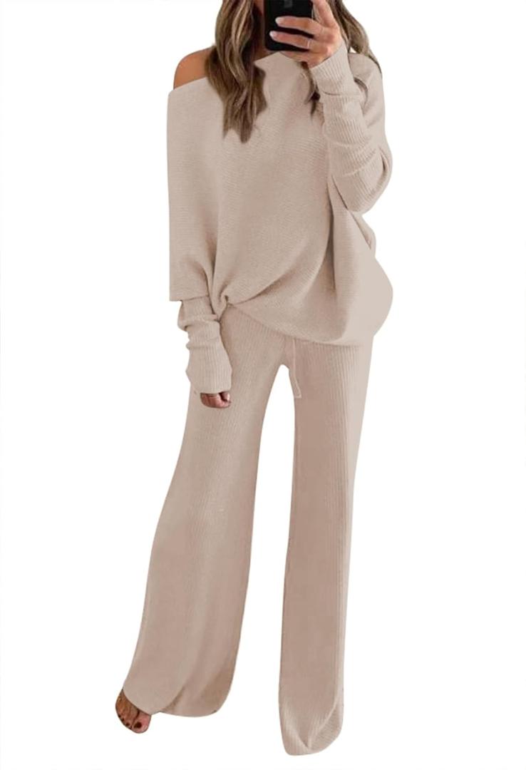 LaSuiveur Women's 2 Piece Outfits Sweater Set Long Sleeve Knit Pullover Wide Leg Pants Sweatsuit Lounge Set (Large, Apricot)