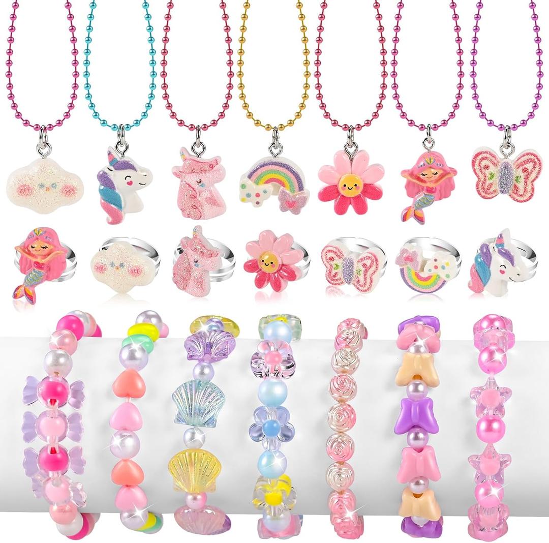 Faburo 21pcs Kids Jewelry for Girls -7 Necklaces, 7 Rings, 7 Bracelets, Little Girls Jewelry Kids Mermaid Necklace Rings for girls, Toddler Jewelrys Necklace Birthday Christmas Gift Age 3 4 6 8