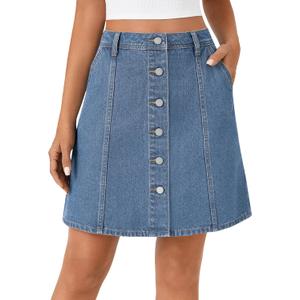 Rooscier Women's Button Down High Waisted A Line Jean Mini Denim Skirt with Pockets (Blue, XS)