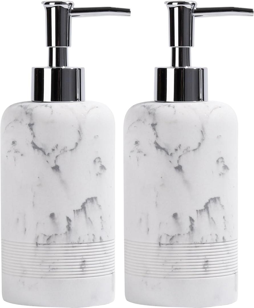 2pcs/Set Hand Soap Dispenser Sets - 10.8oz Refillable Resin Liquid Soap Dispensers with Rust-Proof Pump for Bathroom Countertop or Kitchen, Marble White
