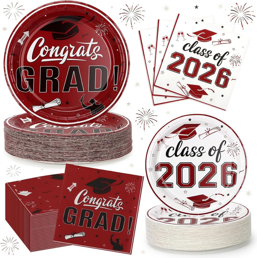 2026 Graduation Plates and Napkins, 9 Disposable Burgundy Paper Plates 7 Dessert Plates, Maroon Congrats GRAD Class of 2026 Party Supplies Tableware Set Graduation Party Decorations for 50 Guests
