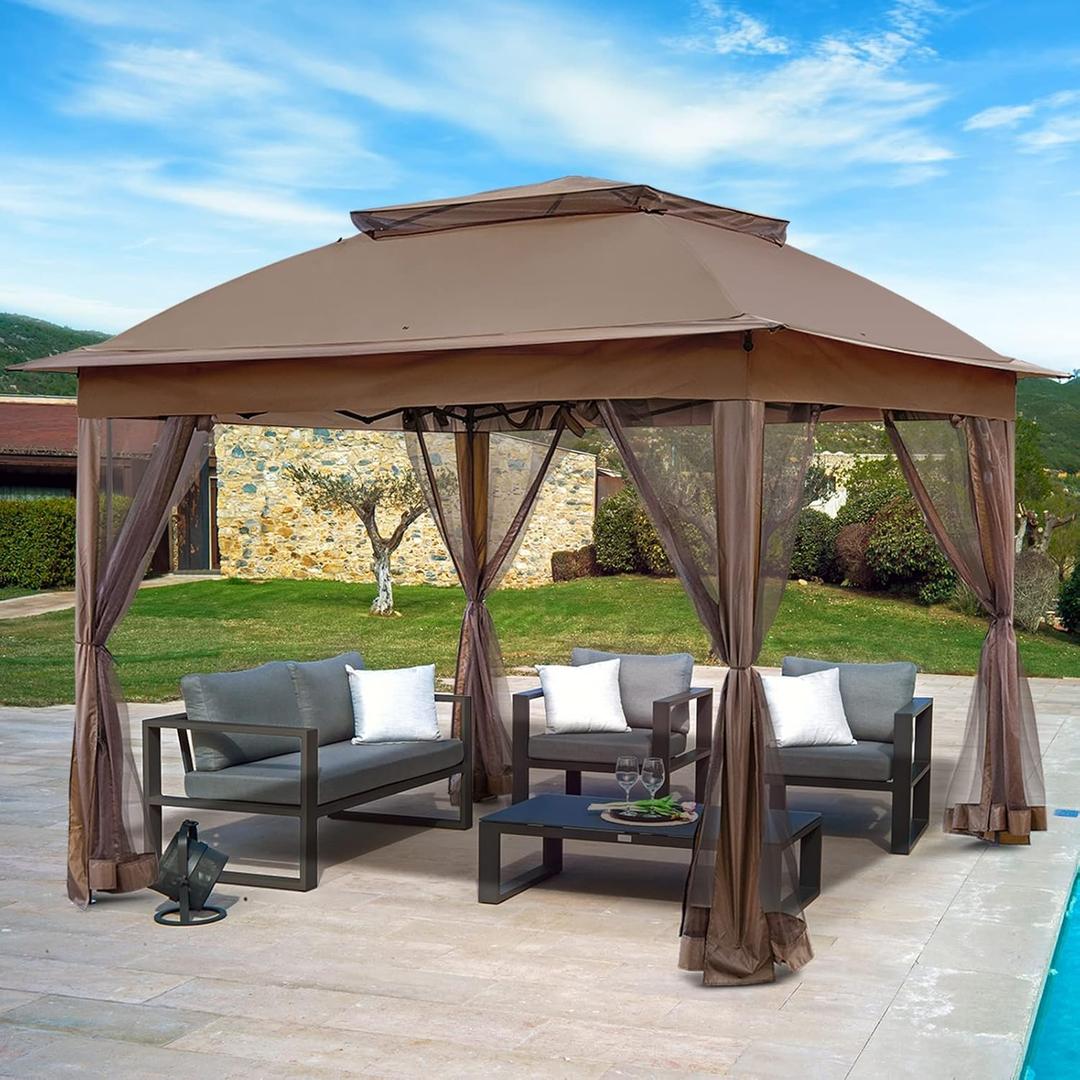 11x11 Pop Up Gazebo Tent with Mesh Netting, Instant Outdoor Canopy with UPF 50+ UV Protection, Water Resistant, Brown