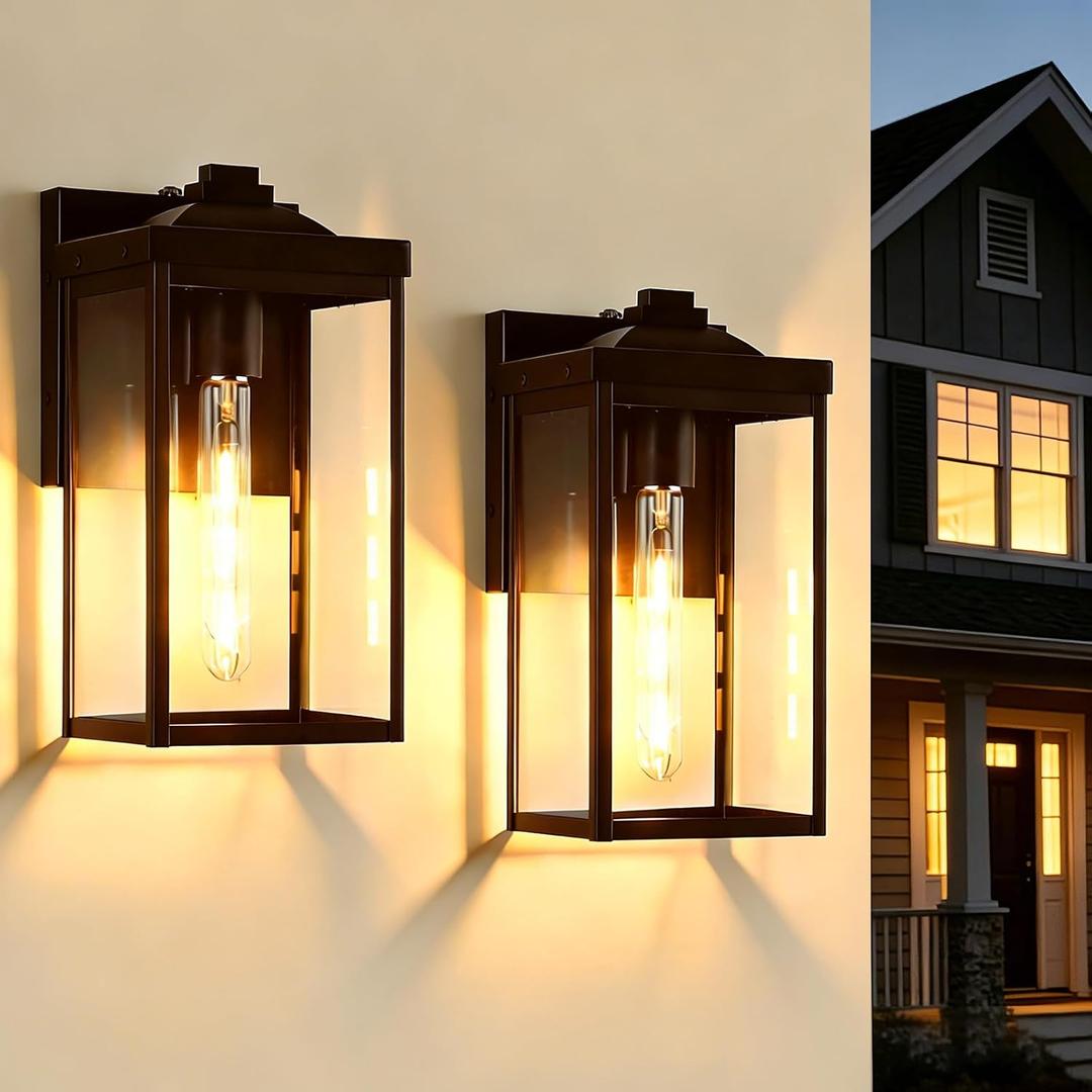 Oil Rubbed Bronze Dusk to Dawn Outdoor Wall Light Fixtures, 2 Pack Waterproof Front Porch Lights Exterior Wall Mount Sconce Outside Lighting with Glass for Garage Porch House, OS-JJ249-OB-2PK, 2-Pack, Medium