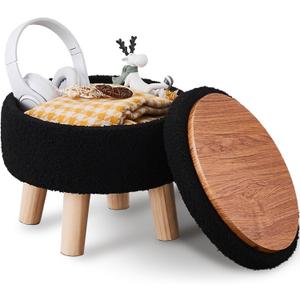 Wimarsbon Storage Ottoman, Modern Round Footrest with Soft Padded Seat, Teddy Velvet Footstool with Wood Legs, Accent Small Table or Plant Stand for Hallway, Living Room (Black)