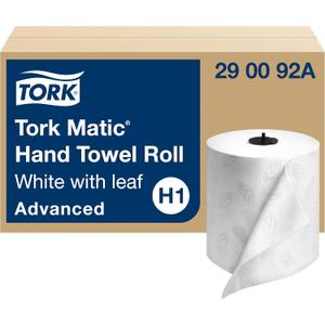 Tork Matic Hand Towel Roll, White With Gray Leaf, Advanced, H1, 100% Recycled Fiber, High Absorbency, Medium Capacity, 2-Ply, 6 Rolls x 525 ft - 290092A