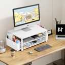 OPNICE Desk Organizers and Accessories, 2-Tier Computer Monitor Stand Riser with Drawer and 2 Pen Holders, Laptop Stand, Office Desk Accessories for Office Supplies, White Wood