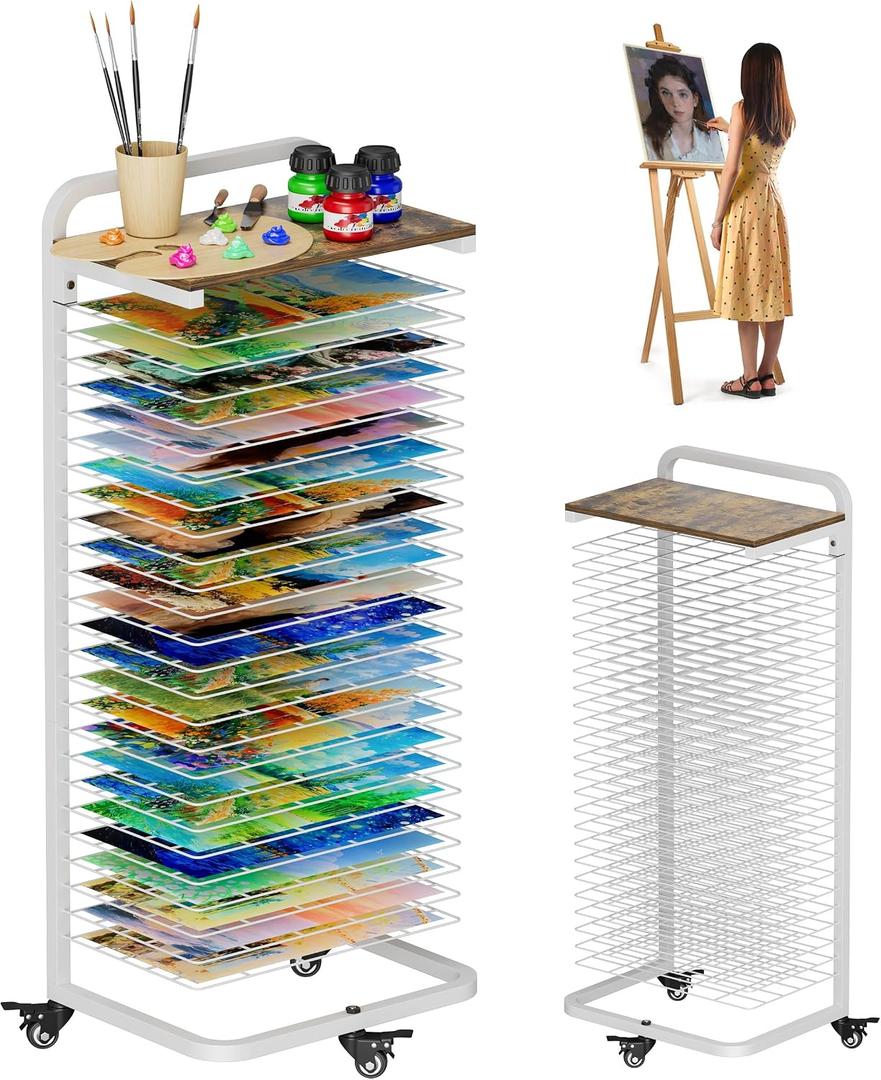 mocomax Art Drying Rack for Painting, Metal Paint Drying Stand, Movable Paint Drying Rack with Lockable Wheels, Art Canvas Storage Rack for Classroom & Art Studio, 25 Removable Shelves with Top, White, 25 Shelf