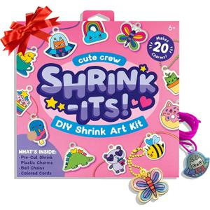Ooly 28 PC DIY Shrinking Art Kit for Kids, 20 Plastic Pre Cut Charms and More, No Mess Creative Activity Jewelry Making Kit, Christmas Crafts for Kids - Cute Crew