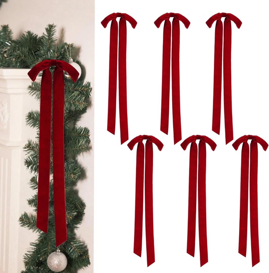 Biggun 9x24in Large Velvet Bows for Christmas Tree Decorations - 6 Pcs Velvet Ornaments with Tie for Christmas Wreath Garland Fireplace Decor, Burgundy