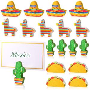 18 Pcs Mexican Cinco De Mayo Wooden Place Card Holder and 25 Pcs Gold Foil White Card Mexican Wooden Table Sign Picture Number Sign Stands Holder for Mexica Fiesta Party Events