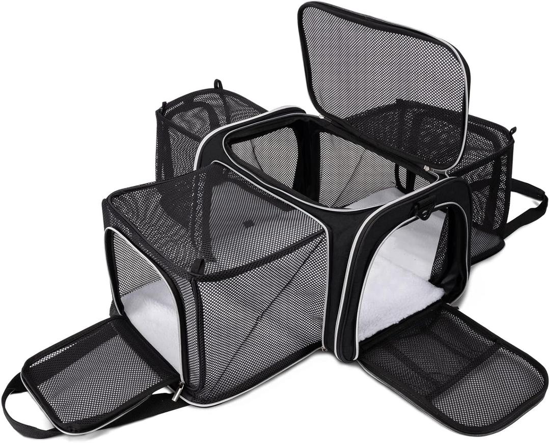 BAGLHER Cat Carrier Bag, Airline Approved Pet Carrier Soft Side Pet Travel 5 Sides Open Doors 3 Sides Expandable Foldable Dog Carrier with Fleece Pad, 17.5*12*11.75 inch