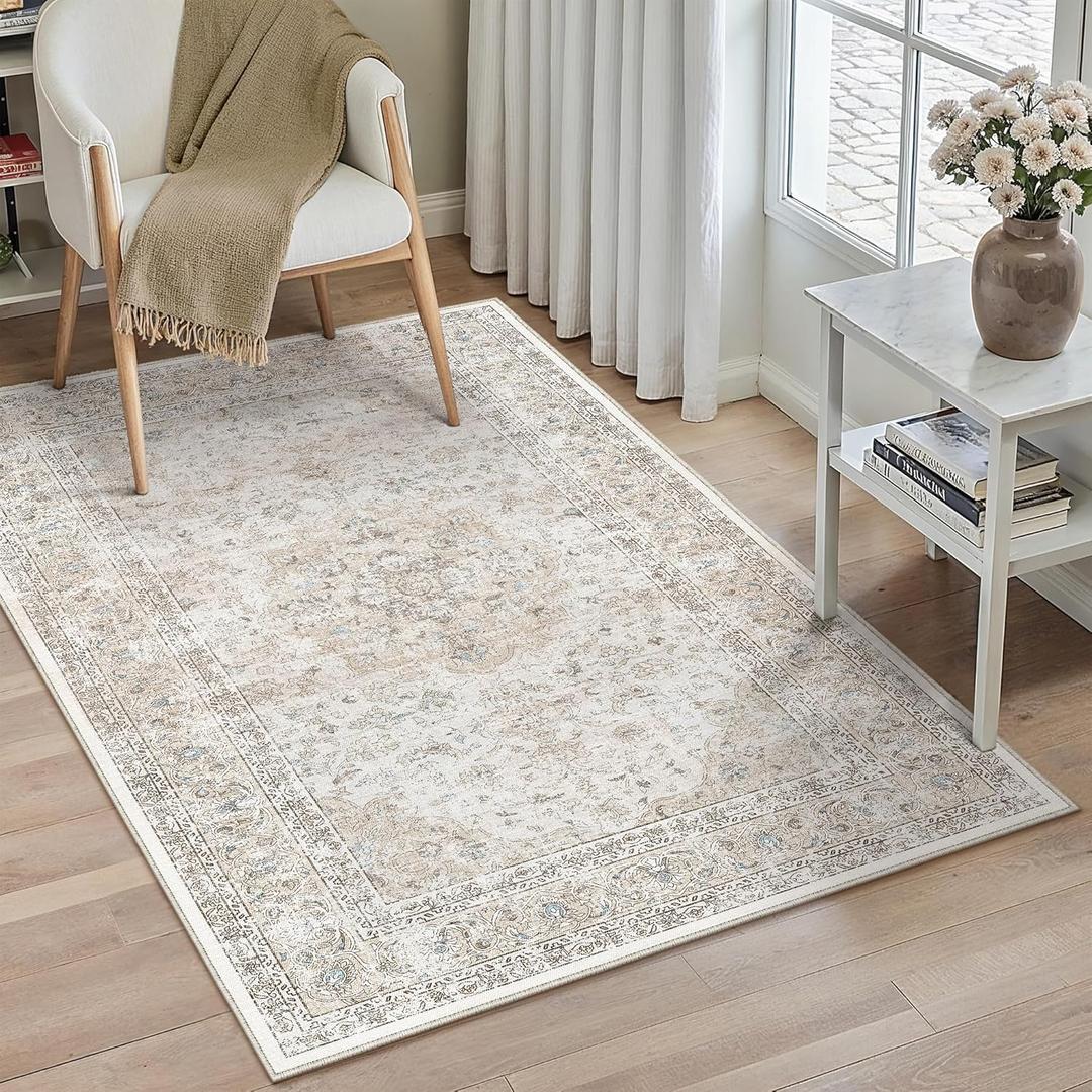 3x5 Washable Vintage Area Rug for Living Room Bedroom Beige Grey Soft Tranditional Non Slip Thin Throw Rug Lightweight Floral Low Pile Distressed Carpet Entrance Laundry Room Playroom