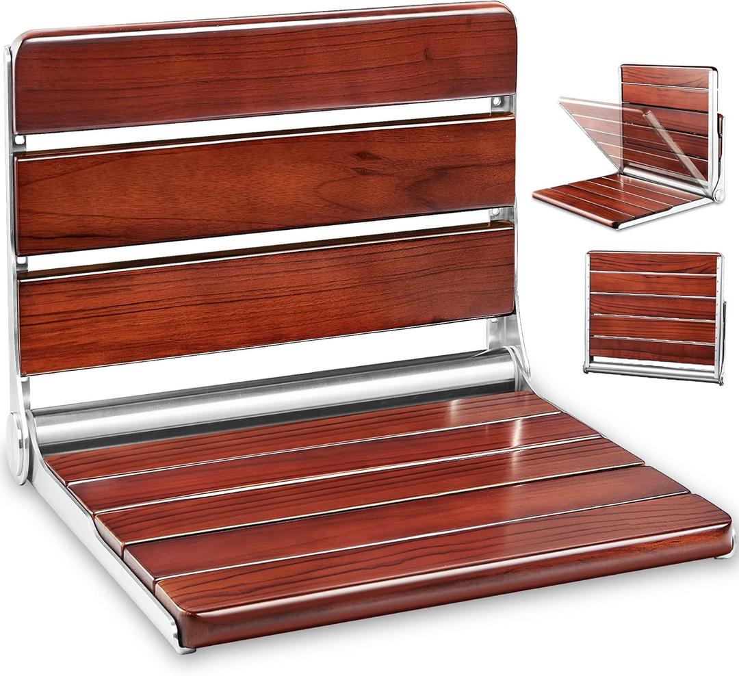 Upgraded 20" ADA Compliant Folding Teak Shower Seat Wall Mounted - Larger Teak Shower Bench, Home Care Folding Shower Seat for Inside Shower, Wall Mount Shower Chair Shower Stool, Max Load 400lb (20*17*11 Inch)