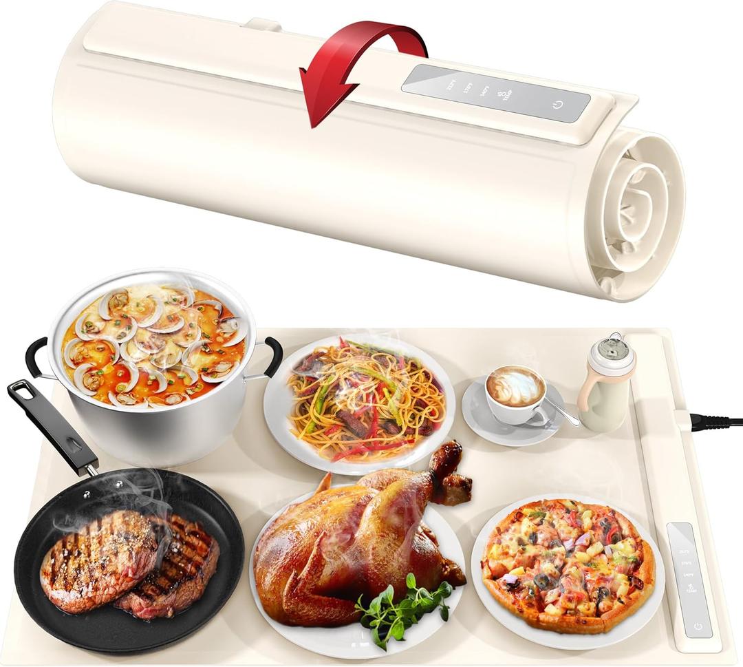 Food Warming Mat - Fast & Full Surface Heating, Silicone Heat Pad with 3 Adjustable Temperature Settings for Buffets Parties, Rollable Electric Warming Tray, Kitchen Heated Plate, Countertop Food Warmer
(Beige)