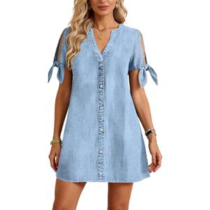 Denim Dress for Women 2026 Summer Casual Cowgirl Blue Jean Dress Tied Sleeves Button Down Shirt Dresses with Pockets (Blue, M)