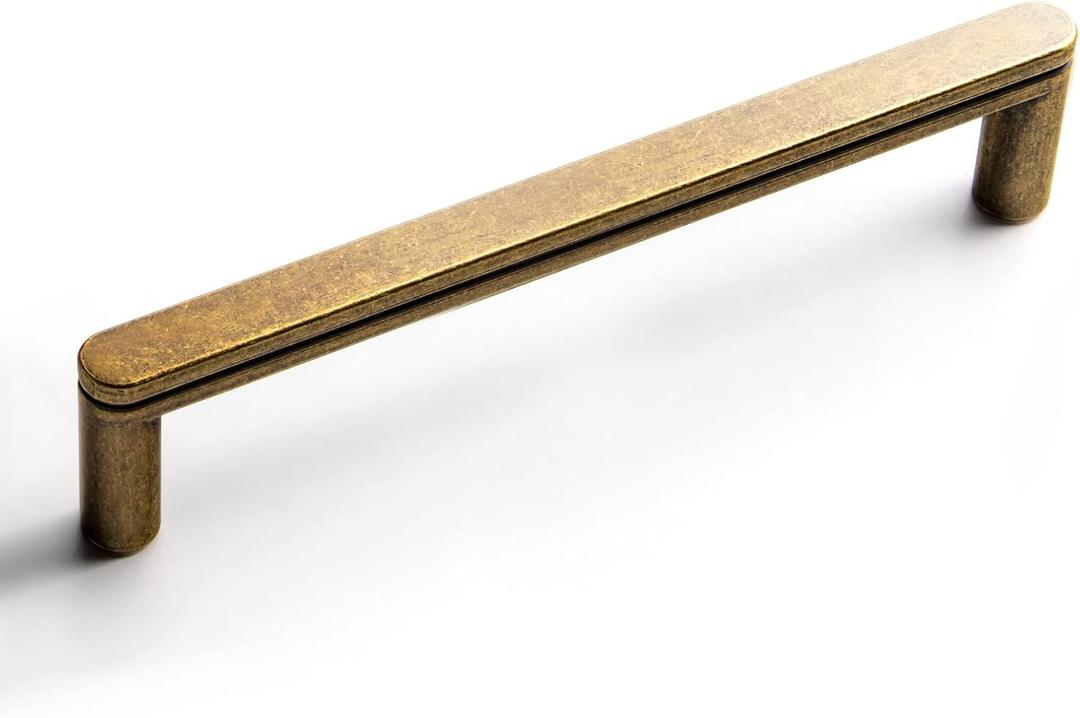 Goo-Ki 6 Pack 5 Inch Antique Brass Cabinet Pull Handle  Decorative Grooved Texture & Non-Slip Grip for Farmhouse/Industrial Cabinetry (5" Center to Center)