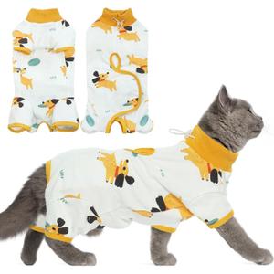 DENTRUN Cat Surgery Recovery Suit Female Male Soft Onesie, Kitten Surgical Collar Cone Alternative Shirt, Abdominal Wounds Anti-Licking Pajama for Small Pets Spay, Cat Body Suit Post Surgery (Yellow Puppy), M 