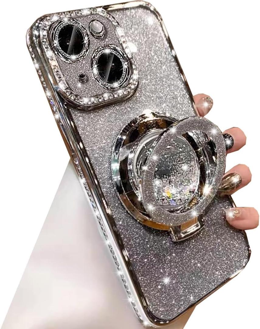 Glitter Kickstand Case for iPhone 14, Luxury Bling Sparkly Diamond Rhinestone with Camera Lens Protector Liquid Flowing Ring Stand TPU Bumper Slim Women Girls Case for iPhone 14 6.1" (Silver)