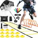GHB Agility Ladder,Football Training Equipment Set,4 Agility Hurdles, 20 feet12 Rungs Speed Ladder,12 Disc Cones,Resistance Parachute, Jump Rope, 5 Resistance Bands (Yellow)