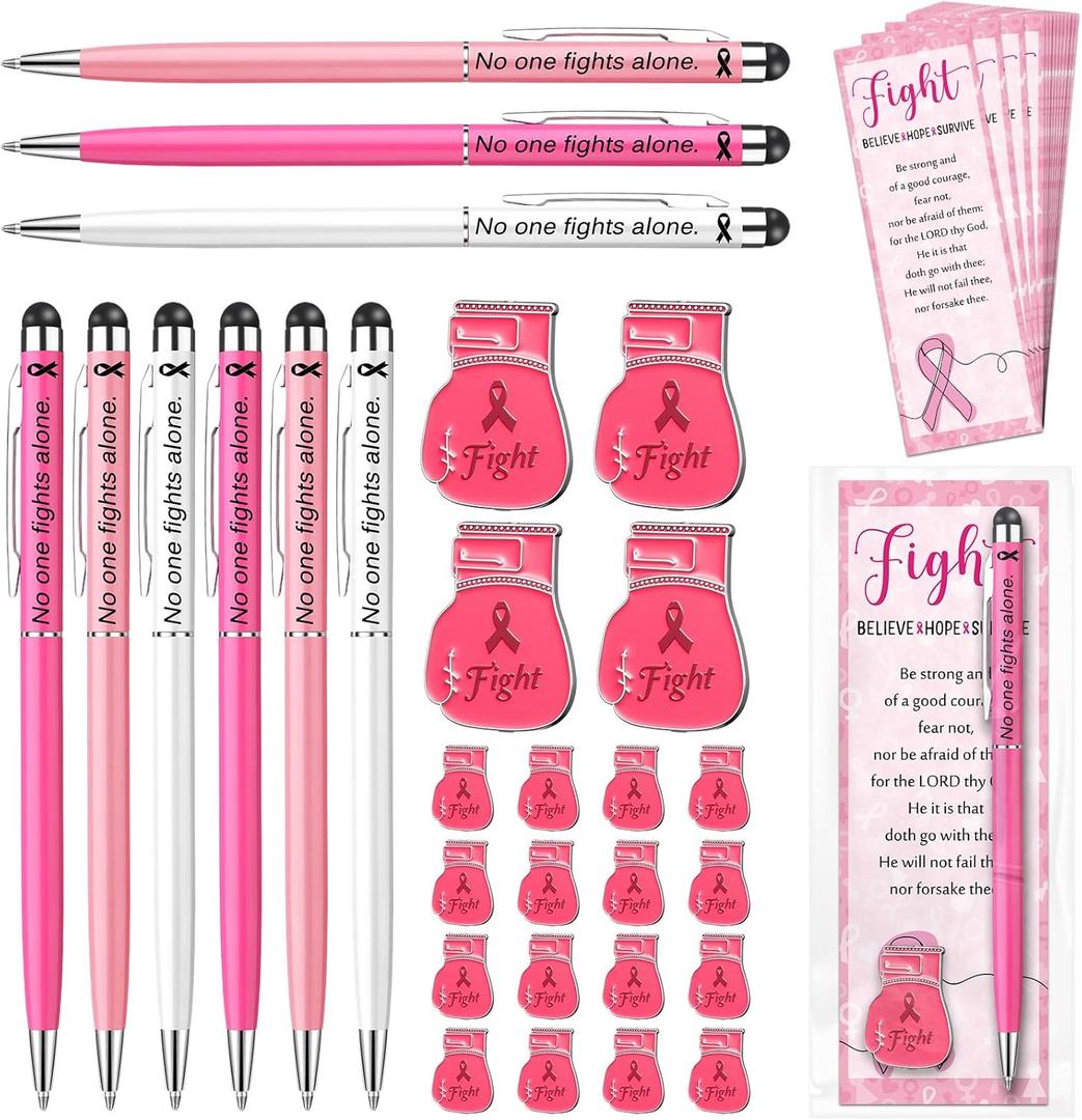 60 Set Breast Cancer Awareness Items Cancer Care Gifts Bulk No One Fights Alone Ballpoint Pens & Pink Ribbon Lapel Pins Boxing Glove Brooches Charity Event Accessories for Women Girls