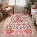 Yuemasi Floral 8x10 Area Rugs for Living Room - Boho Washable Large Area Rugs, Non-Slip Ultra-Thin Soft Bedroom Rug 8x10 Under Bed, Vintage Farmhouse Carpet Rugs for Nursery Kids Room Dining Room