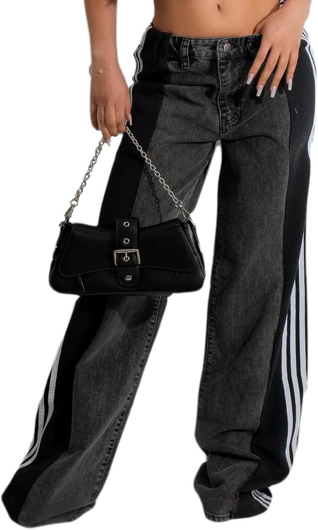 Angsuttc Womens Jeans with Patchwork Stripes High Waisted Stretchy Denim Color Block Straight Wide Leg Trendy Jean (Large, Black Black) Angsuttc Womens Jeans with Patchwork Stripes High Waisted Stretchy Denim Color Block Straight Wide Leg Trendy Jean (Large, Black Black)