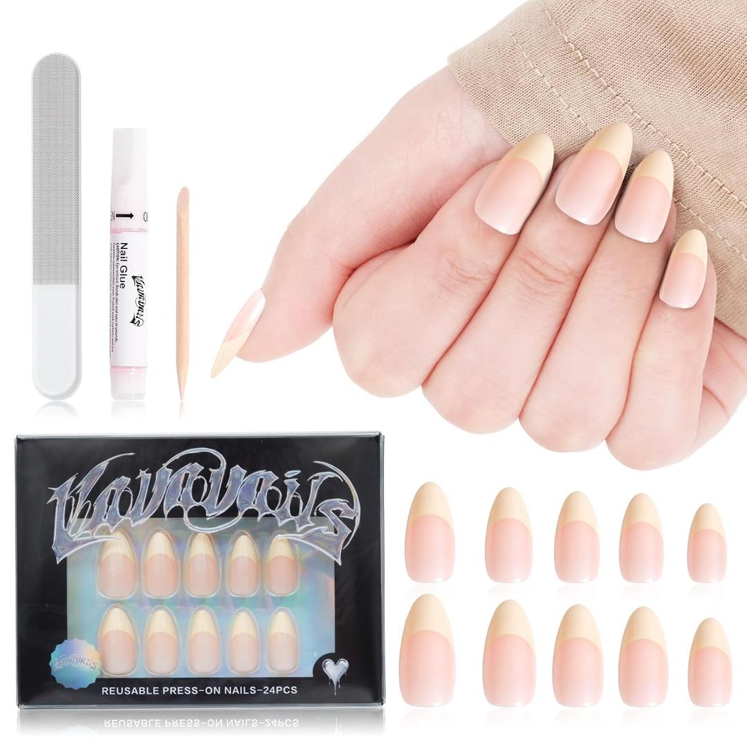 2 x French Tip Press On Nails Almond, Reusable Fake Nails for Women Manicure Set - Party, Daily Wear, 12 Sizes - 24 Pcs with Glue & Jelly Gel, Pearl with Natural Beige Tip