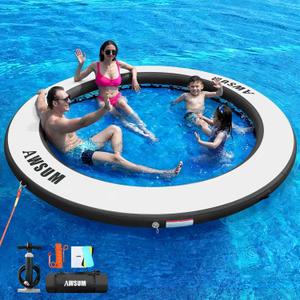 AWSUM Water Hammock, Inflatable Round Floating Ring with Breathable Mesh Heavy-Duty Circle Float for Adults Pool Lake River Beach Relaxation Island Platform Dock (8 Ft, Black+Blue)