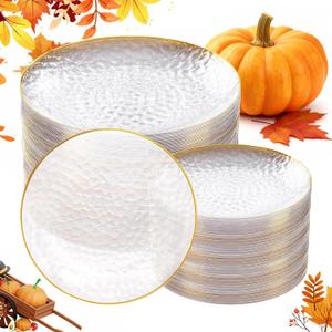 Rubtlamp 100Pcs Clear Gold Plastic Plates, Disposable Plates With Gold Rim, Heavy-duty Party Platos, Hammered Plastic Plates Include 50 Clear Dessert Platos, 50 Dinner Platos for Thanksgiving