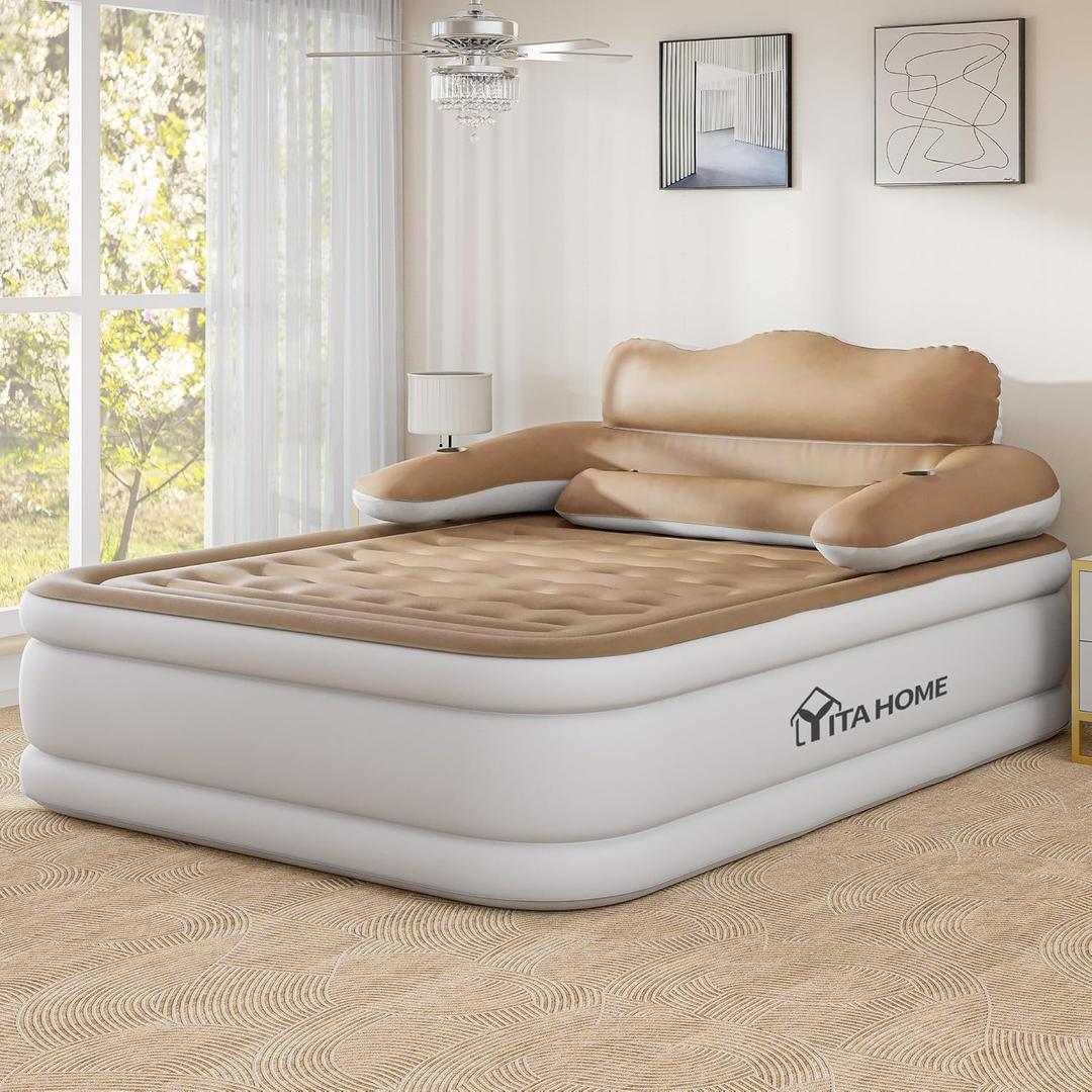 YITAHOME Queen Size Air Mattress with Headboard, 18in Inflatable with Pillow, Blow Up Mattress with Removable Electric Pump, Comfort Air Bed Queen for Camping & Home, Brown