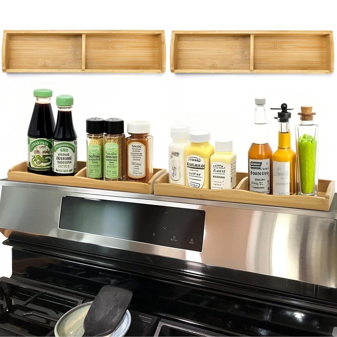 Yesland 30" Wide Stove Top Shelf Spice Rack Storage, Magnetic Bamboo Spices Shelf Flexible Seasoning Gadgets with 4 Functional Partitions for Home Stove Kitchen Storage Organization