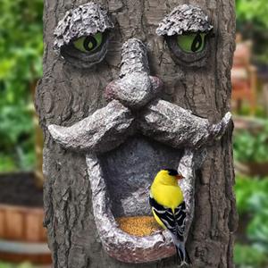 Tree Faces Bird Feeder, Tree Faces Decor Outdoor, Old Man with Glowing Eyes in Dark, Yard Art Sculpture, Spring Garden Decor, Gift