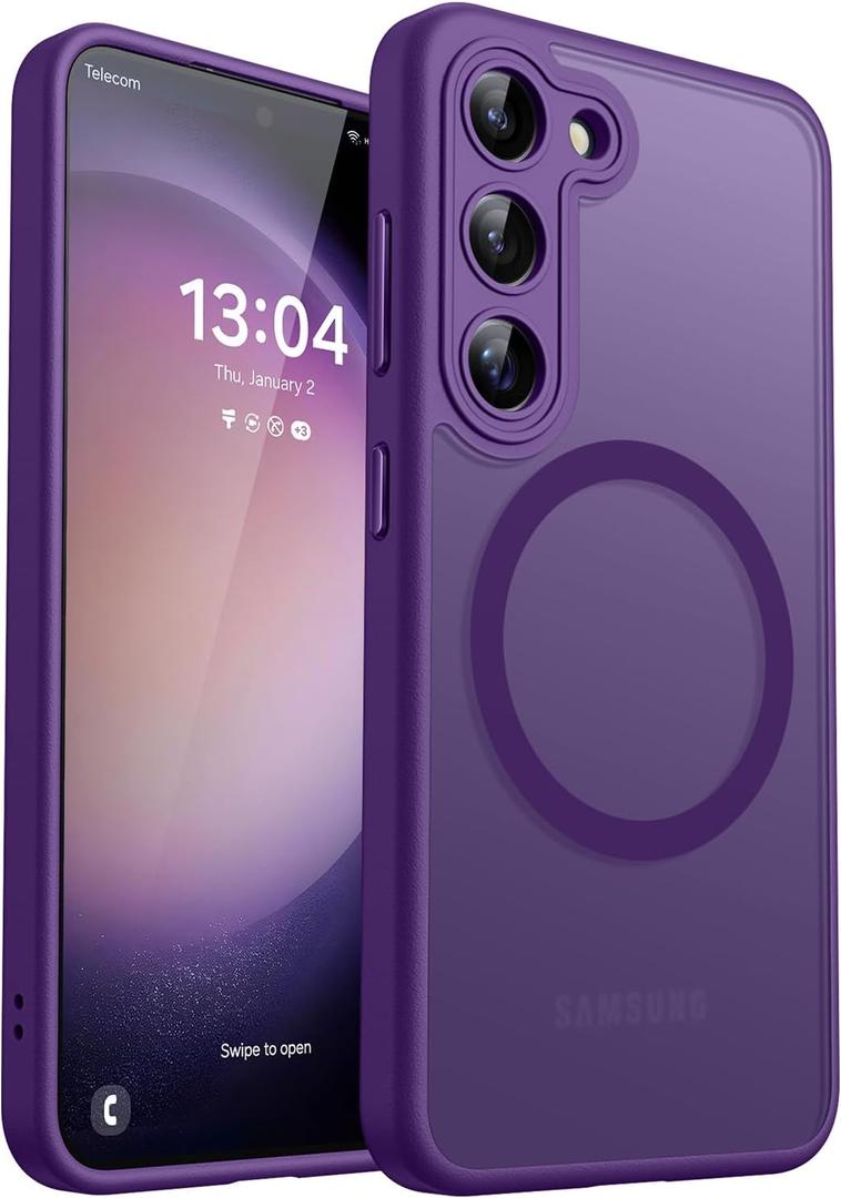 CANSHN Designed for Samsung Galaxy S23 Case [Full Camera Protection] [Compatible with MagSafe] Translucent Matte Shockproof Protective Phone Cover 6.1 Inch - Deep Purple