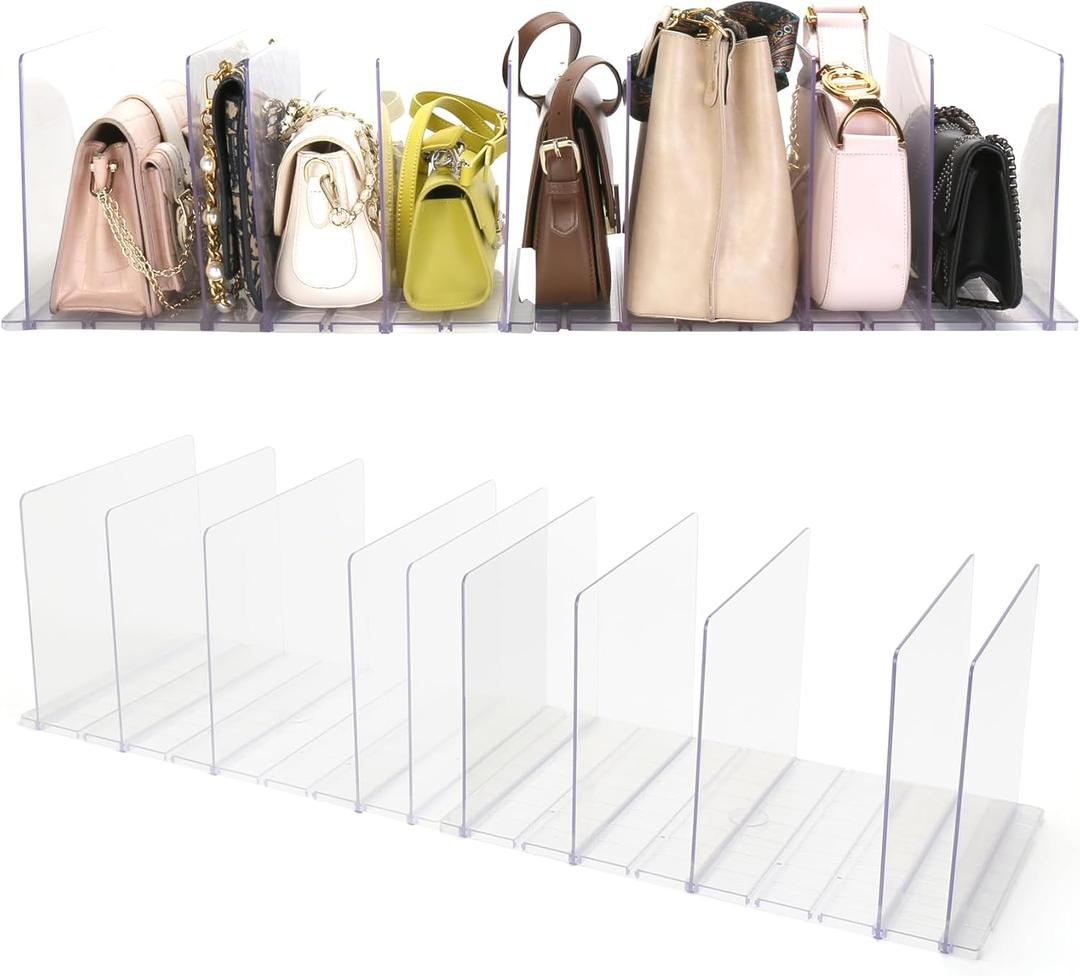 Purse Organizer for Closet, Clear Acrylic Clutch Bag Organizer, Adjustable Shelf Divider for Closet Organizers and Storage, Detachable Handbag Separators Dividers Rack for Bedroom Bathroom Office