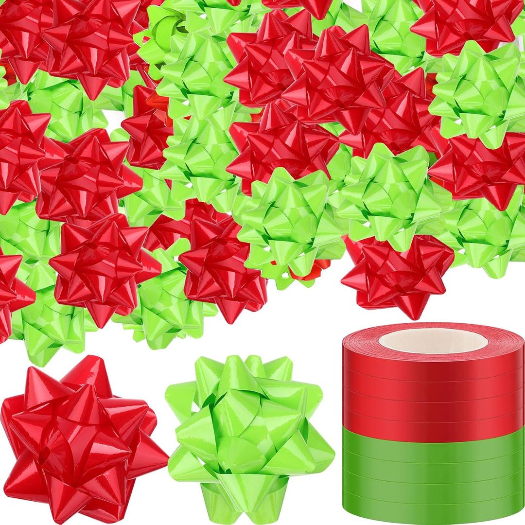 Riceshoot 48 Pcs Christmas Self Adhesive Gift Bows with 8 Rolls Curling Ribbons 3 inch Holiday Metallic Christmas Wrap Bows for Xmas Gift Craft Decoration (Red, Green)