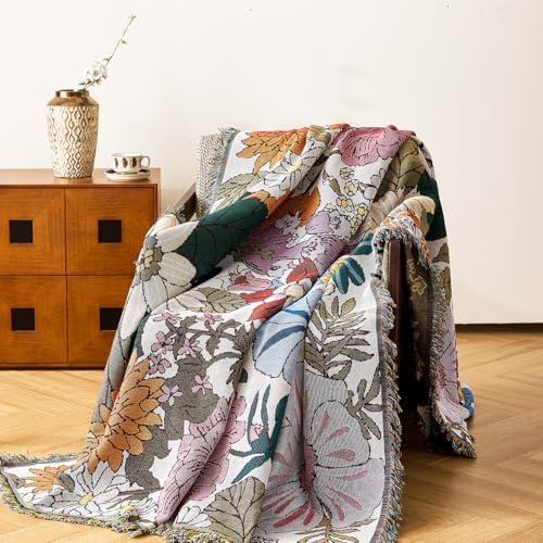 VANJOROY Boho Throw Blanket for Couch Cover, 100% Handwoven Cotton Southwestern Farmhouse Floral Decor Reversible Blanket, All Season Throw for Sofa Bed Tapestry Outdoor Camping Picnic. 71″×91″