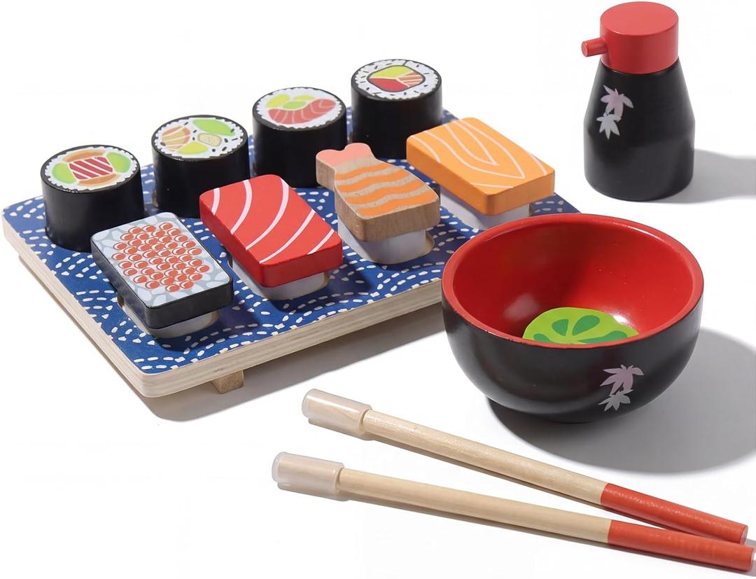 Sushi Slicing Play Food Set, Wooden Pretend Play Kitchen Toys for Kids 3+, Sushi Food Play Learning Toy for Girls Boys