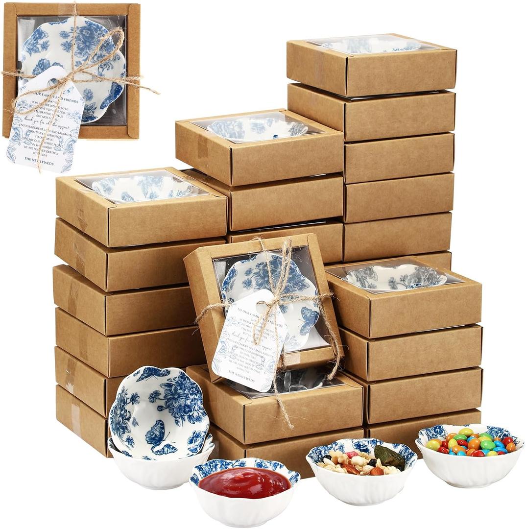 Teenyyou 50 Pack Wedding Favors for Guests Small Ceramic Bowls Bulk Gifts Set 3.3 Inch Blue Floral Design Mini Dipping Bowl Sauce Dish with Cards Box for Party Shower Favor Souvenir, Classic