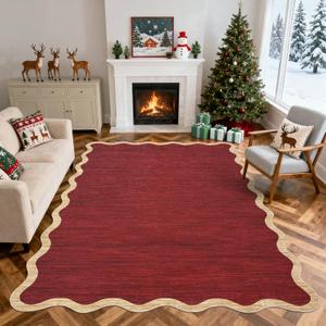 GarveeHome Living Room Rugs 4x6 Area Rugs Machine Washable Christmas Scalloped Rug Non Slip Low Pile Farmhouse Stain Resistant Carpet for Bedroom Nursery Classroom Dorm 4 ft x6 ft Red