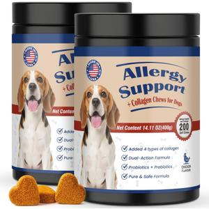 Pet Allergy Relief Chews 400PCs with Natural Collagen Drops Dual Formula for Itch Relief Skin Joint Health Coat Care Infused with Colostrum Probiotics Tasty Bites for All Dogs Cats Daily Consumption